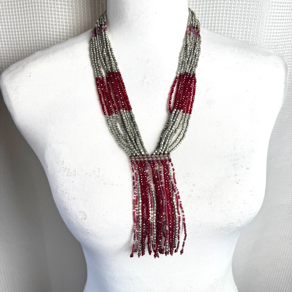 Himalayan Gems Beaded Necklace Beautiful Red Silver Statement Jewelry Fringe EUC